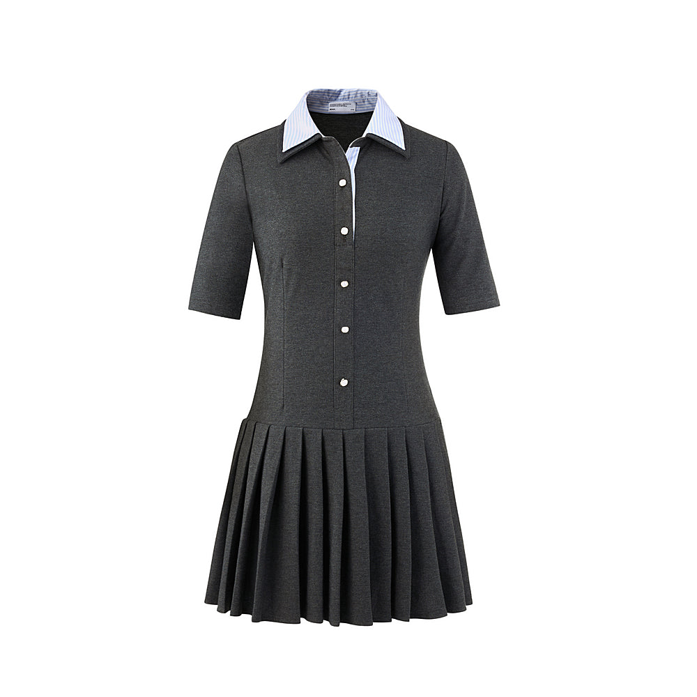 Half-Sleeve Pleated Shirt Dress With Double Collar