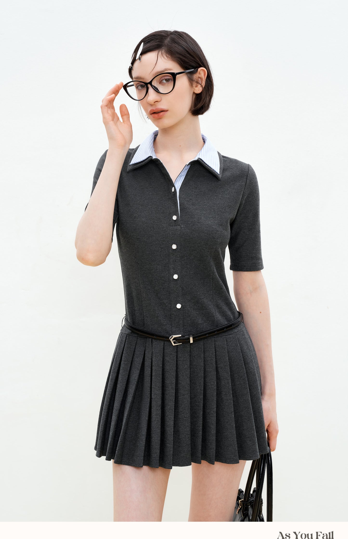 Half-Sleeve Pleated Shirt Dress With Double Collar