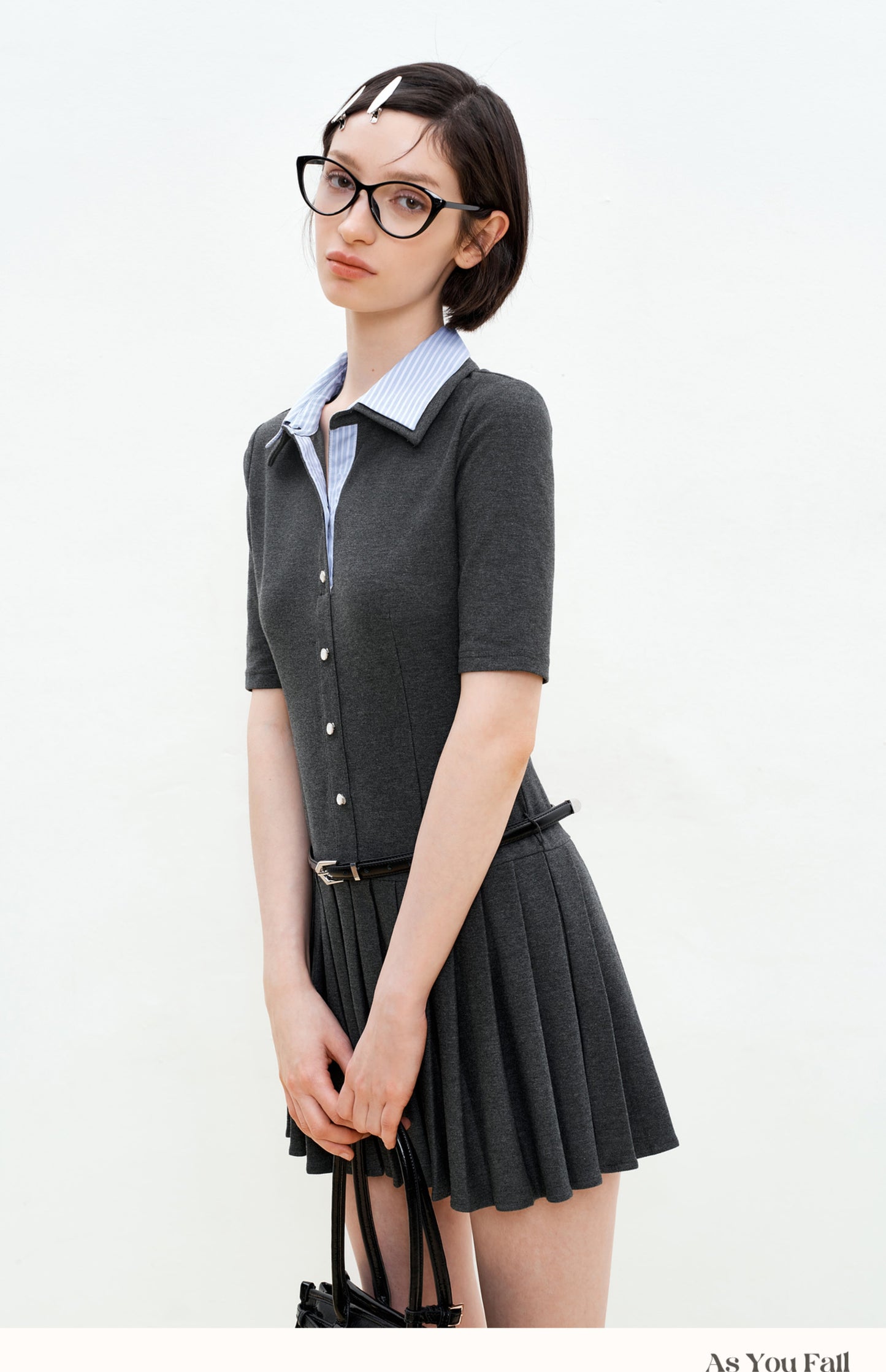 Half-Sleeve Pleated Shirt Dress With Double Collar
