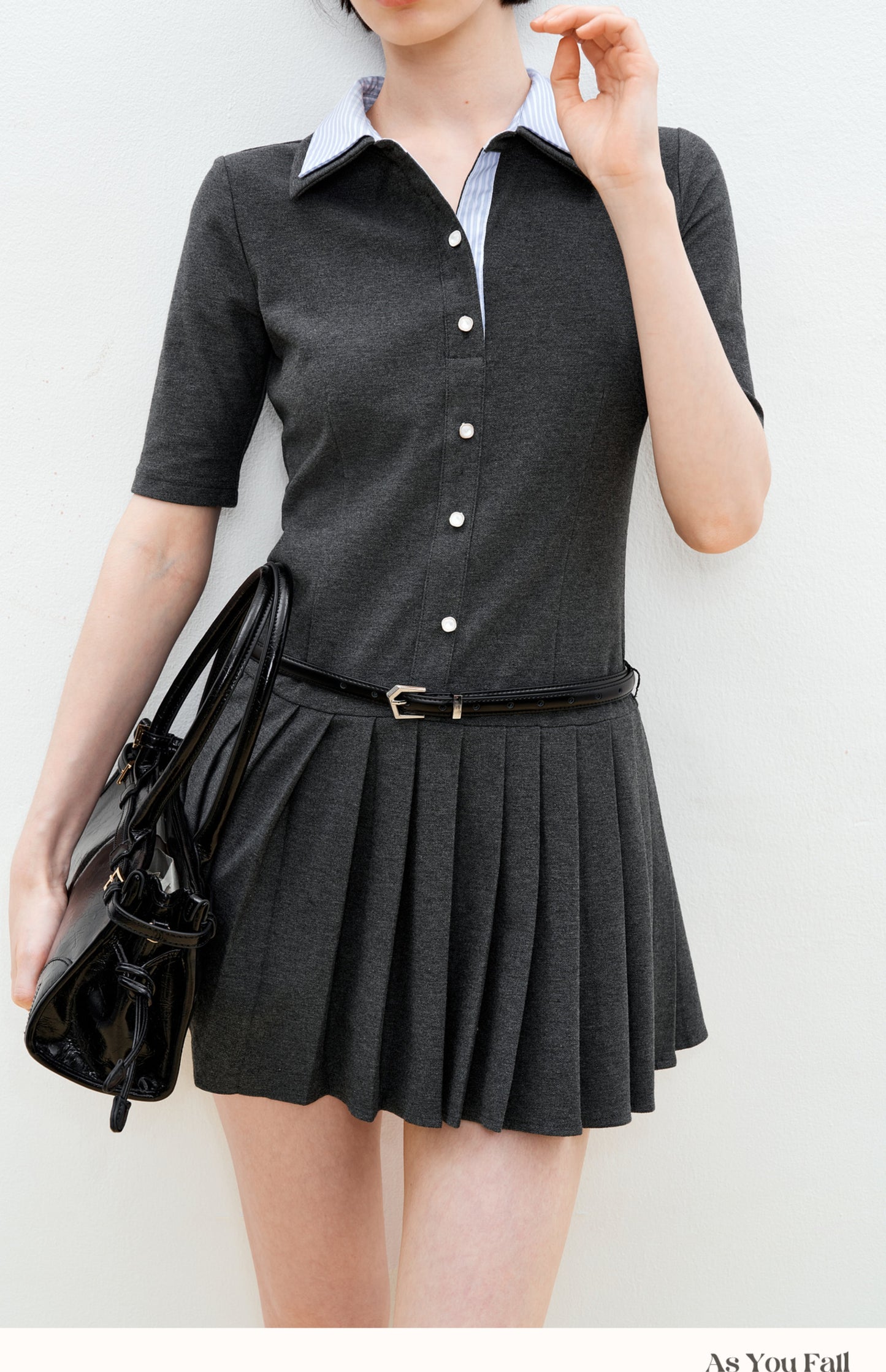 Half-Sleeve Pleated Shirt Dress With Double Collar