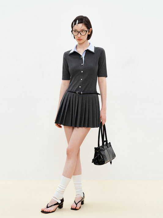 Half-Sleeve Pleated Shirt Dress With Double Collar