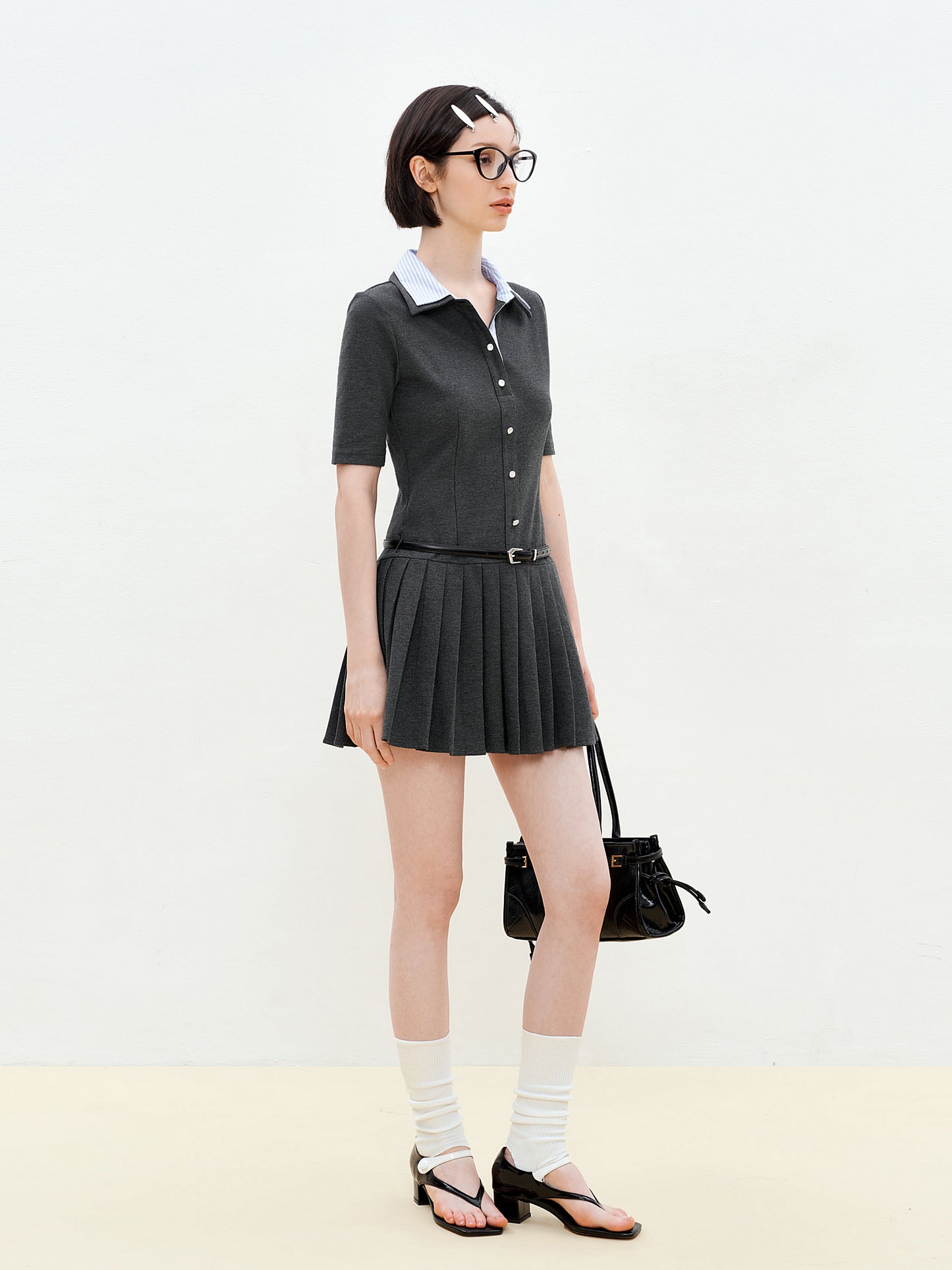 Half-Sleeve Pleated Shirt Dress With Double Collar