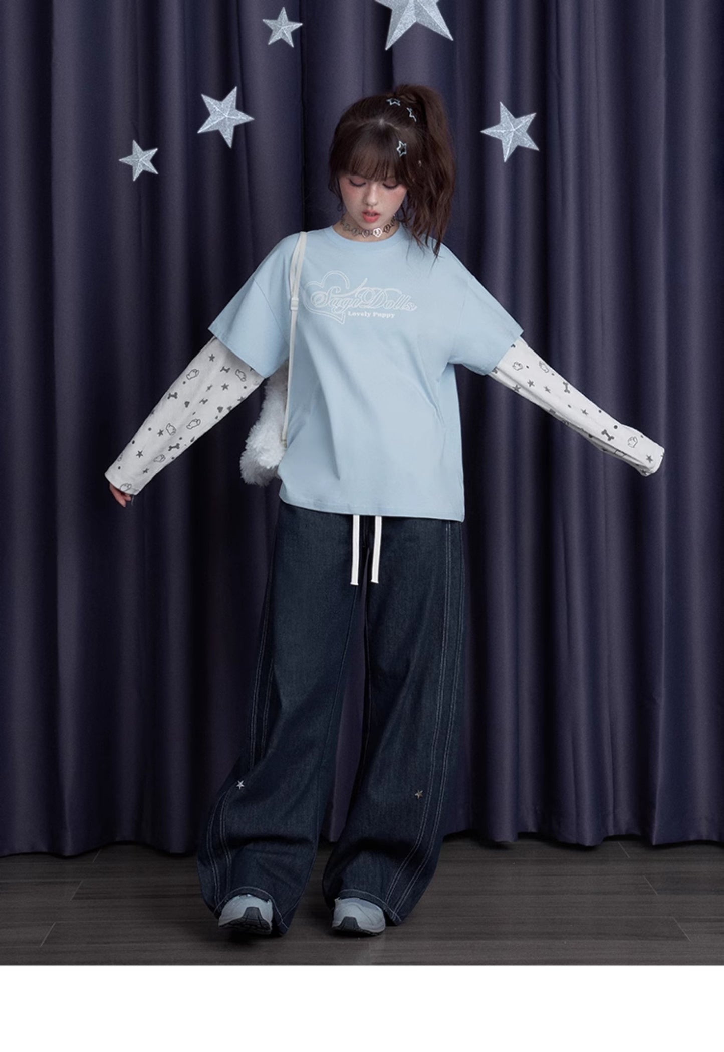 Puppy Party Print T-Shirt With Double Sleeves