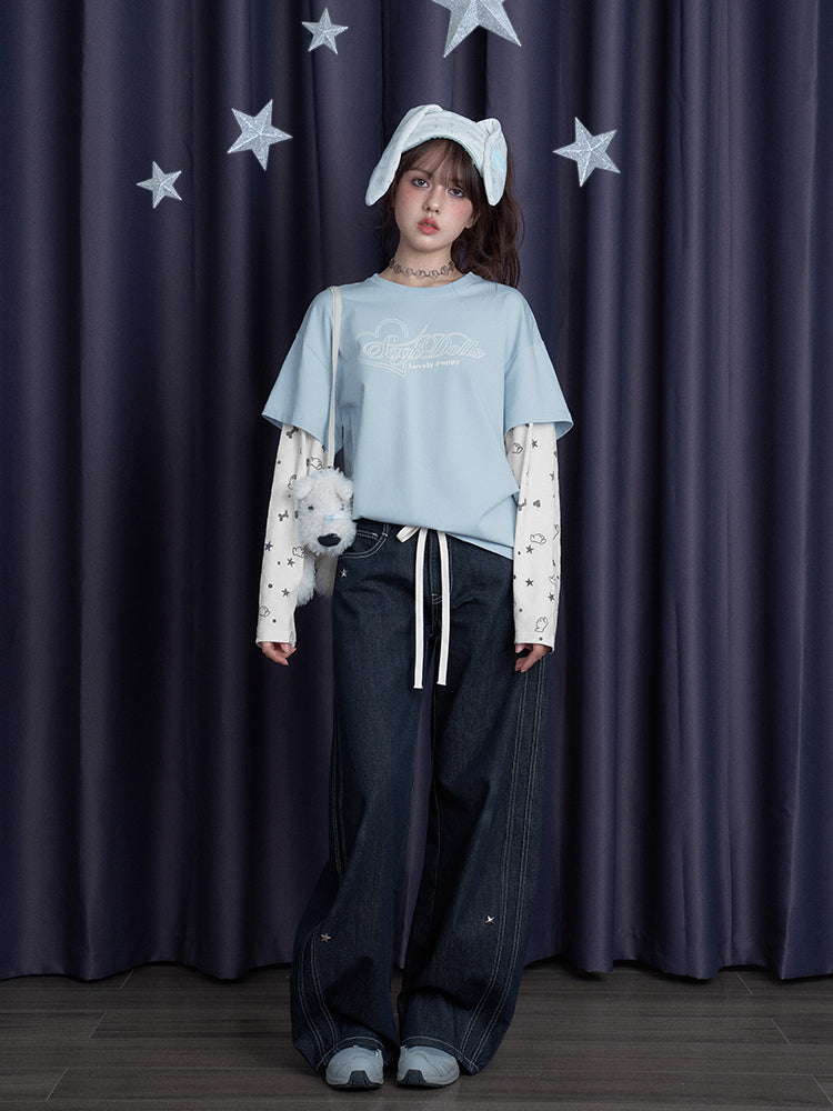 Puppy Party Print T-Shirt With Double Sleeves