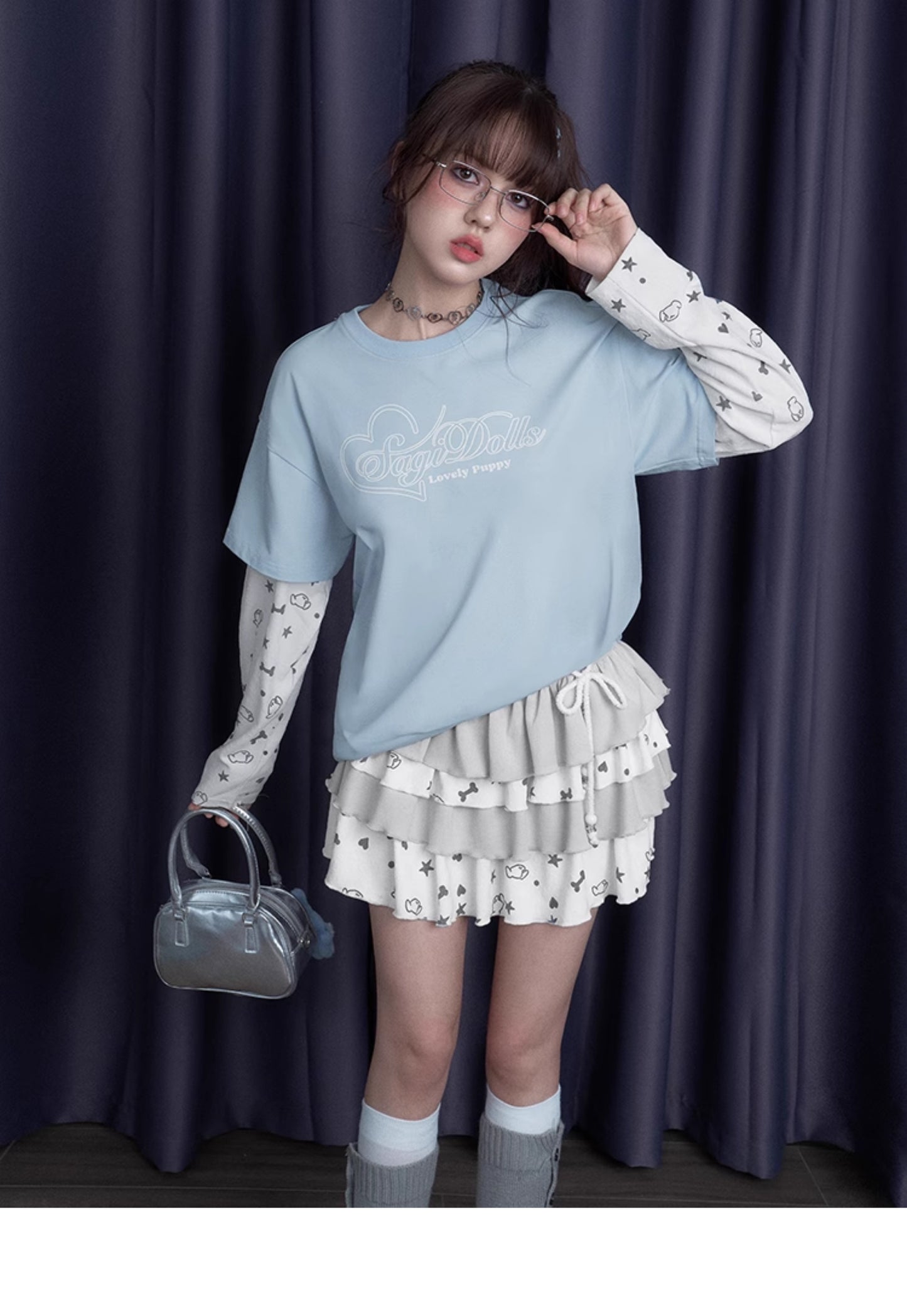 Puppy Party Print T-Shirt With Double Sleeves