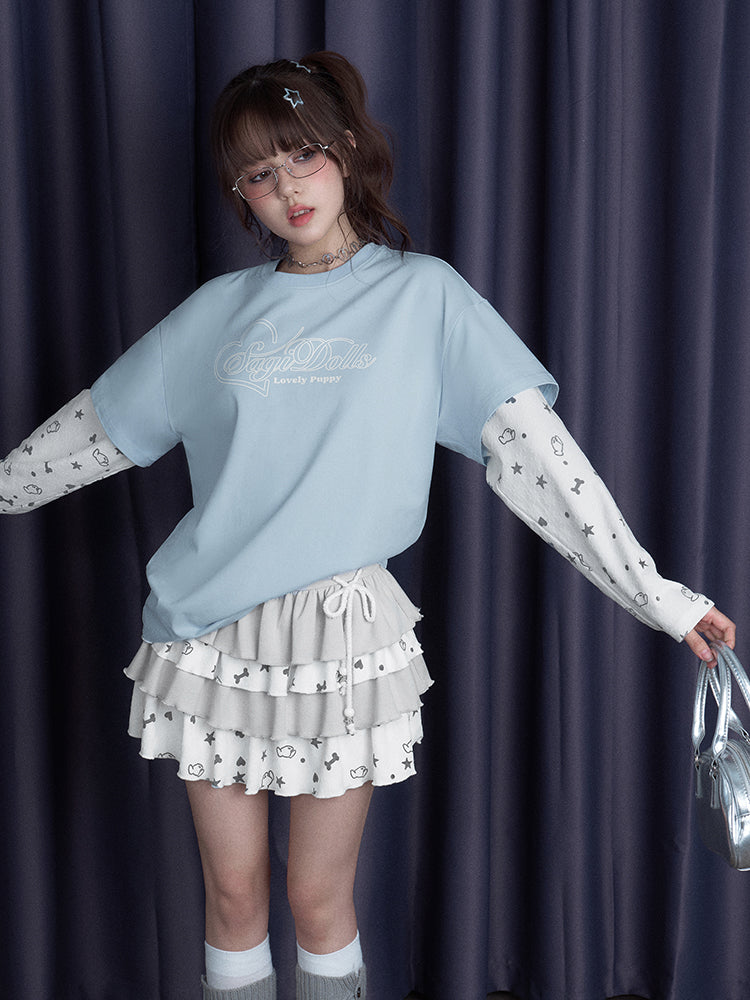 Puppy Party Print T-Shirt With Double Sleeves