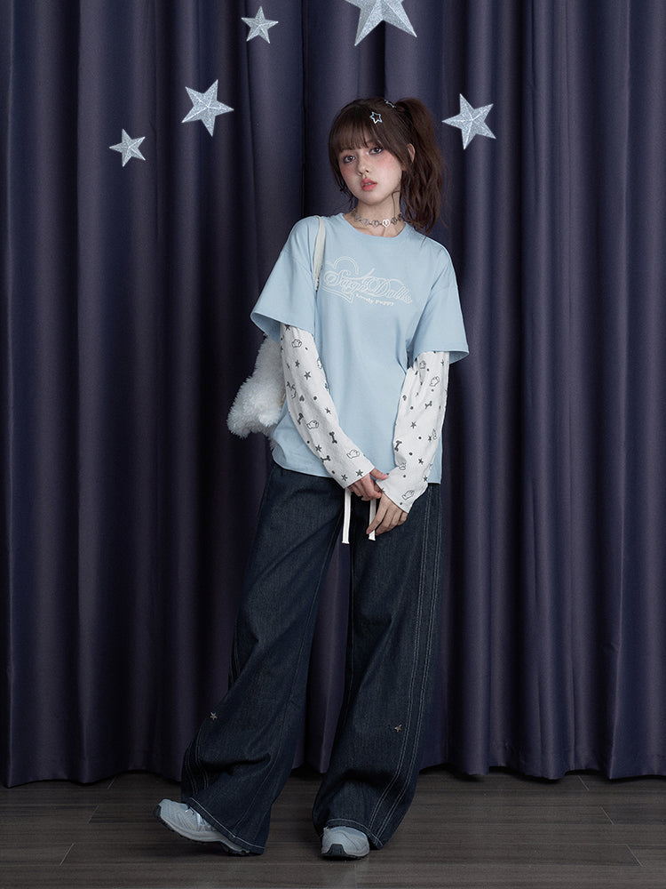 Puppy Party Print T-Shirt With Double Sleeves