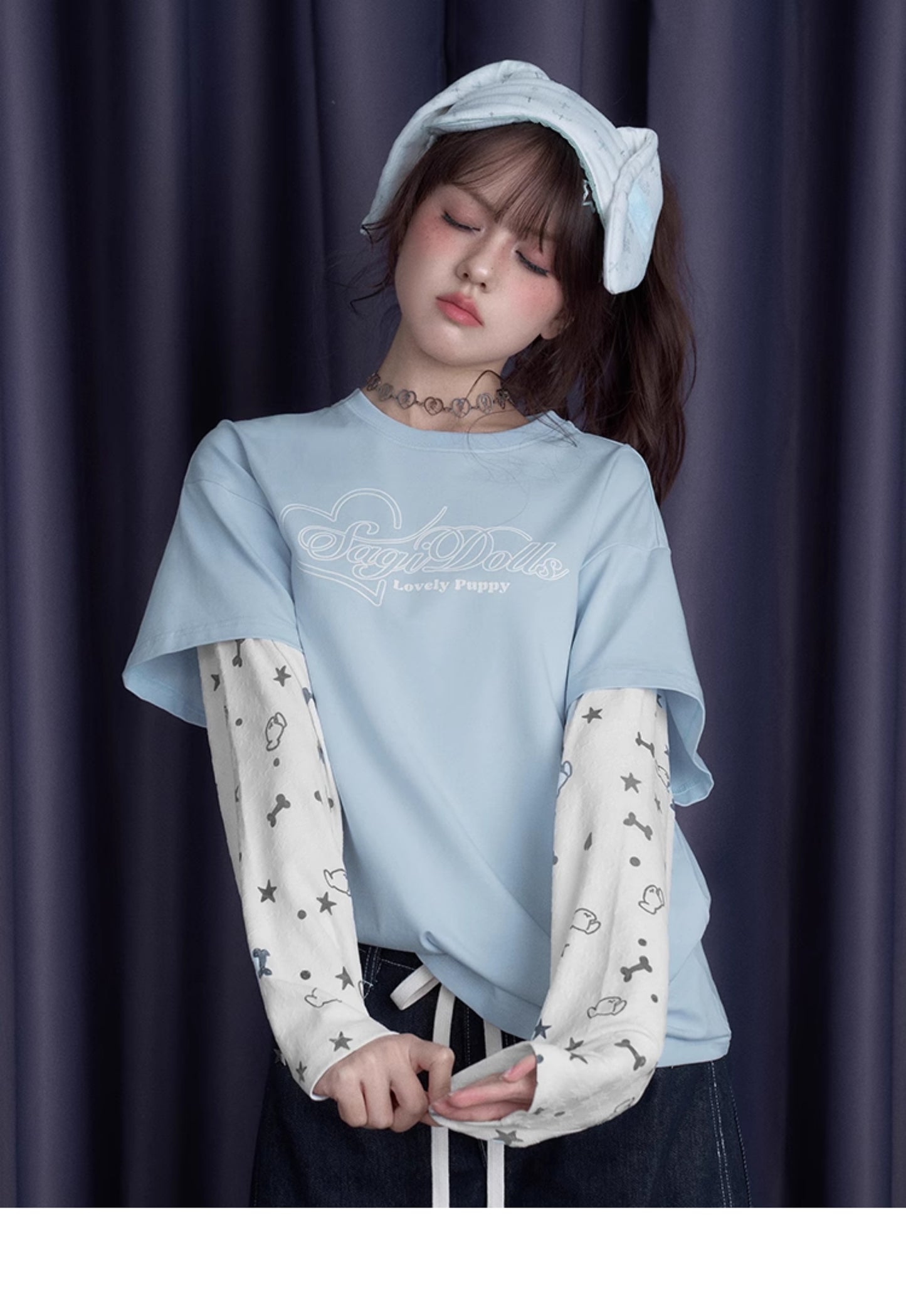 Puppy Party Print T-Shirt With Double Sleeves