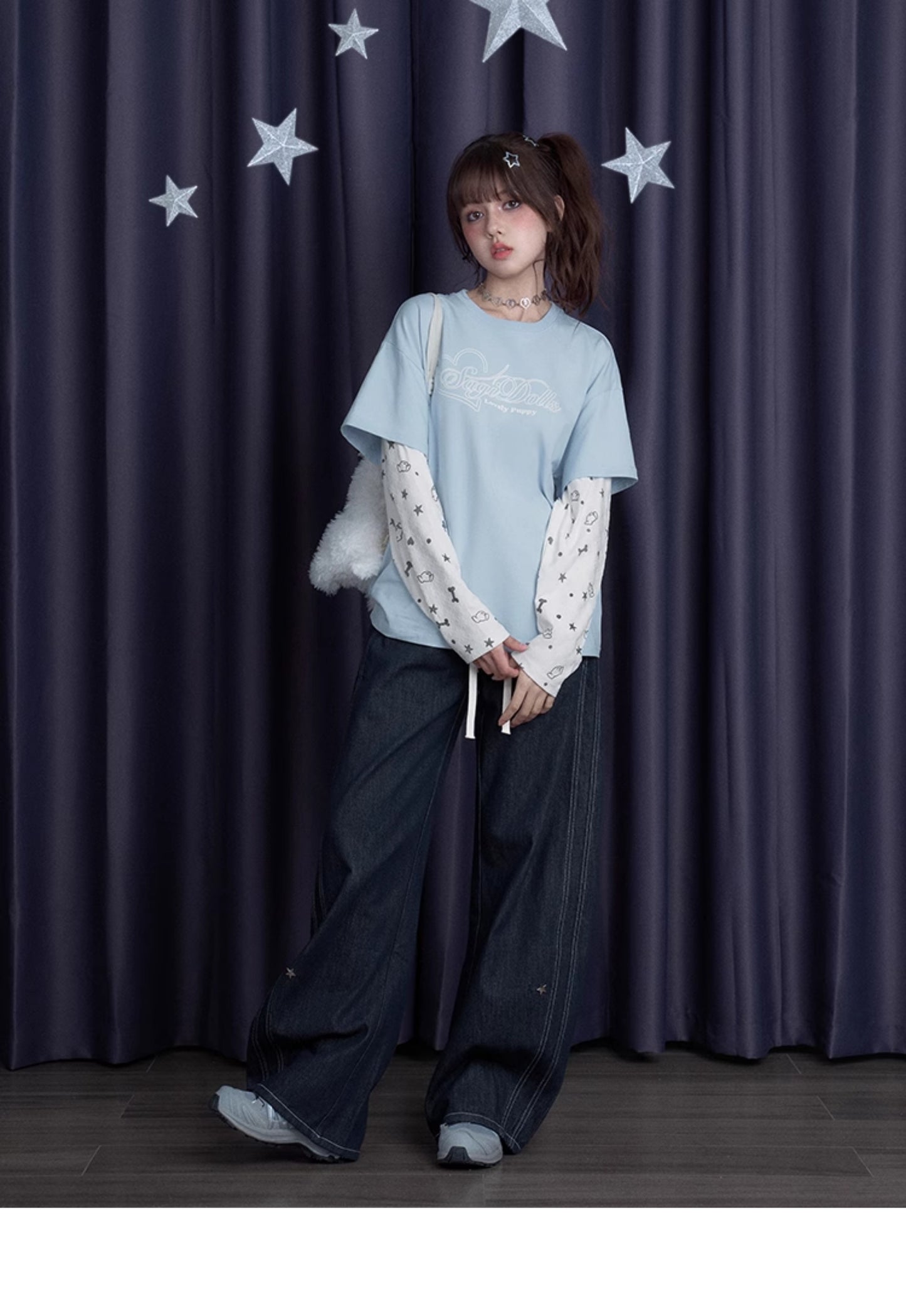 Puppy Party Print T-Shirt With Double Sleeves