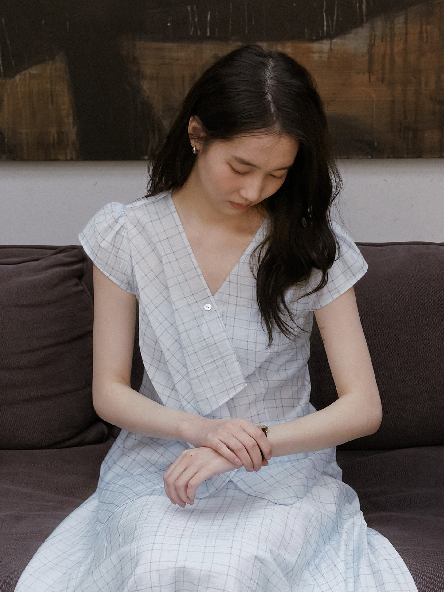 Pleated Grid Blouse And Asymmetric Skirt