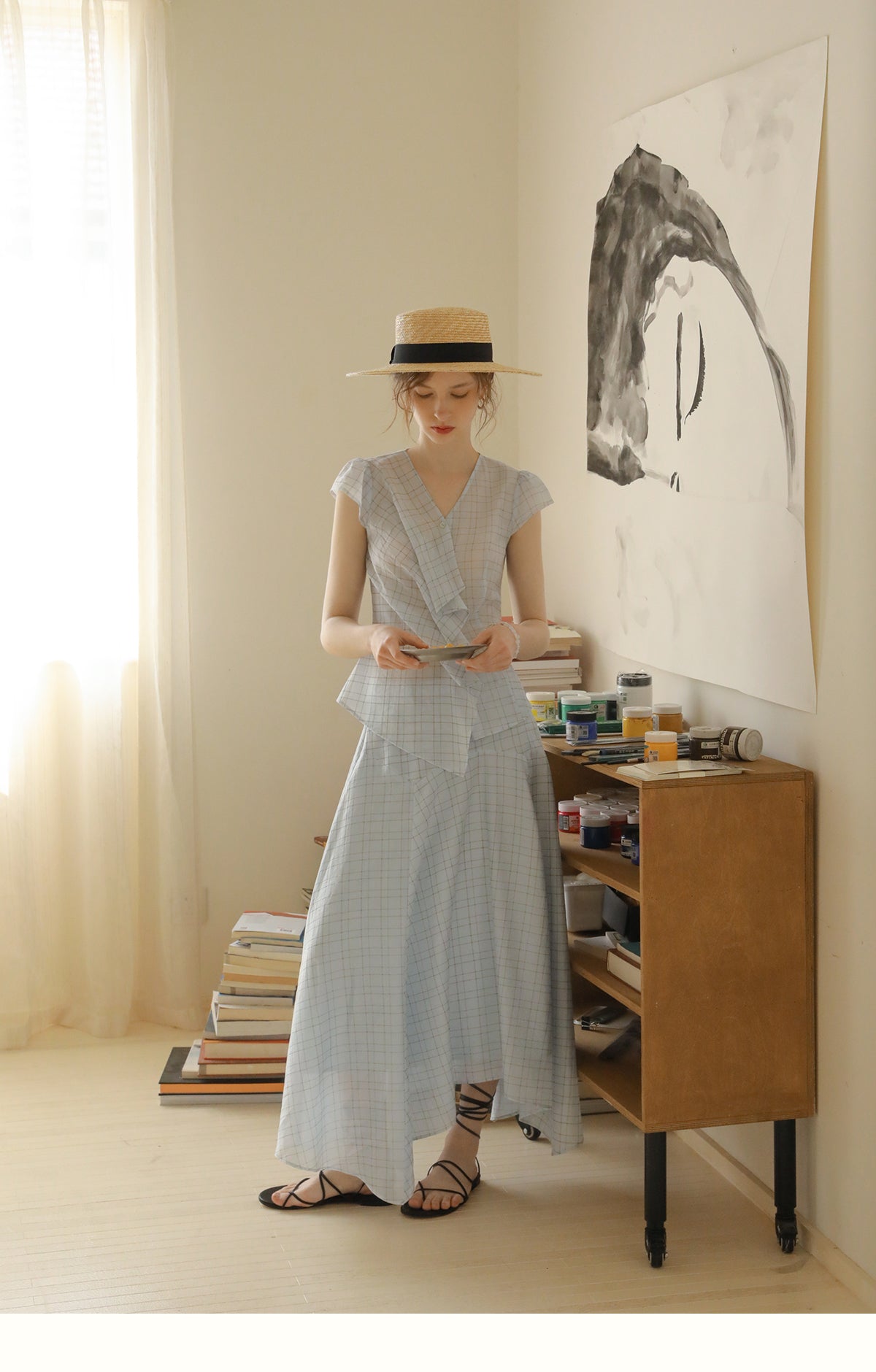 Pleated Grid Blouse And Asymmetric Skirt