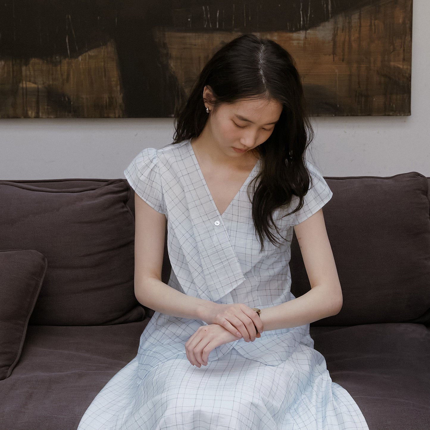 Pleated Grid Blouse And Asymmetric Skirt