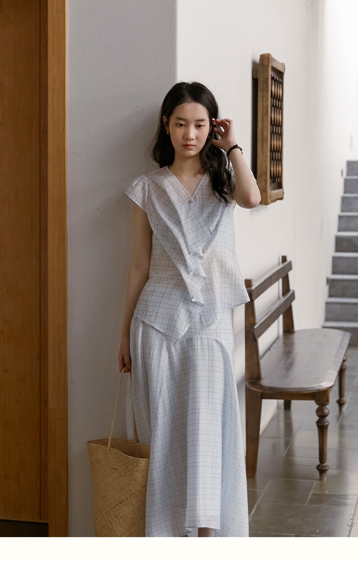 Pleated Grid Blouse And Asymmetric Skirt