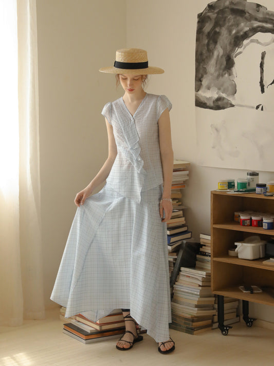 Pleated Grid Blouse And Asymmetric Skirt