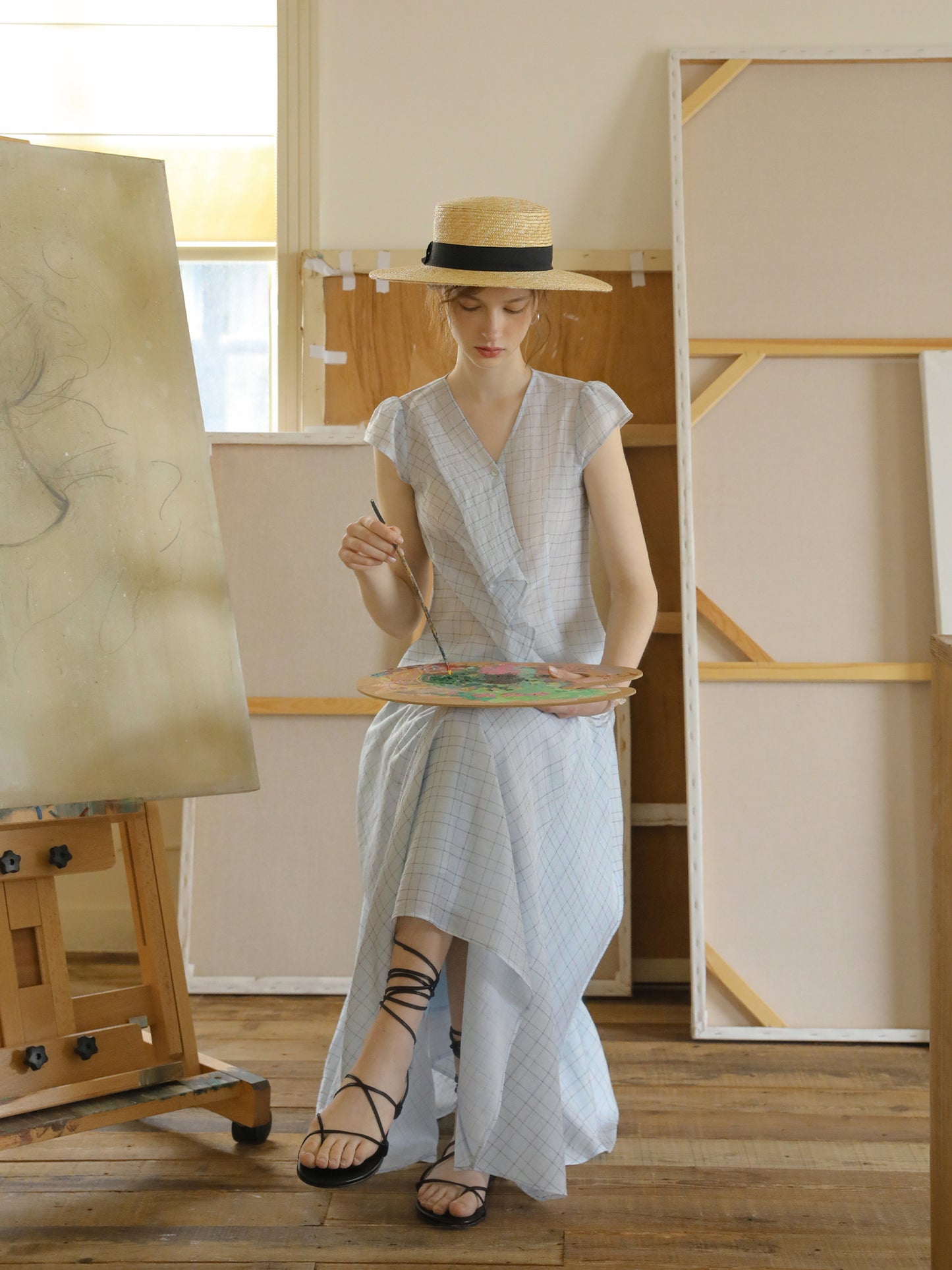 Pleated Grid Blouse And Asymmetric Skirt