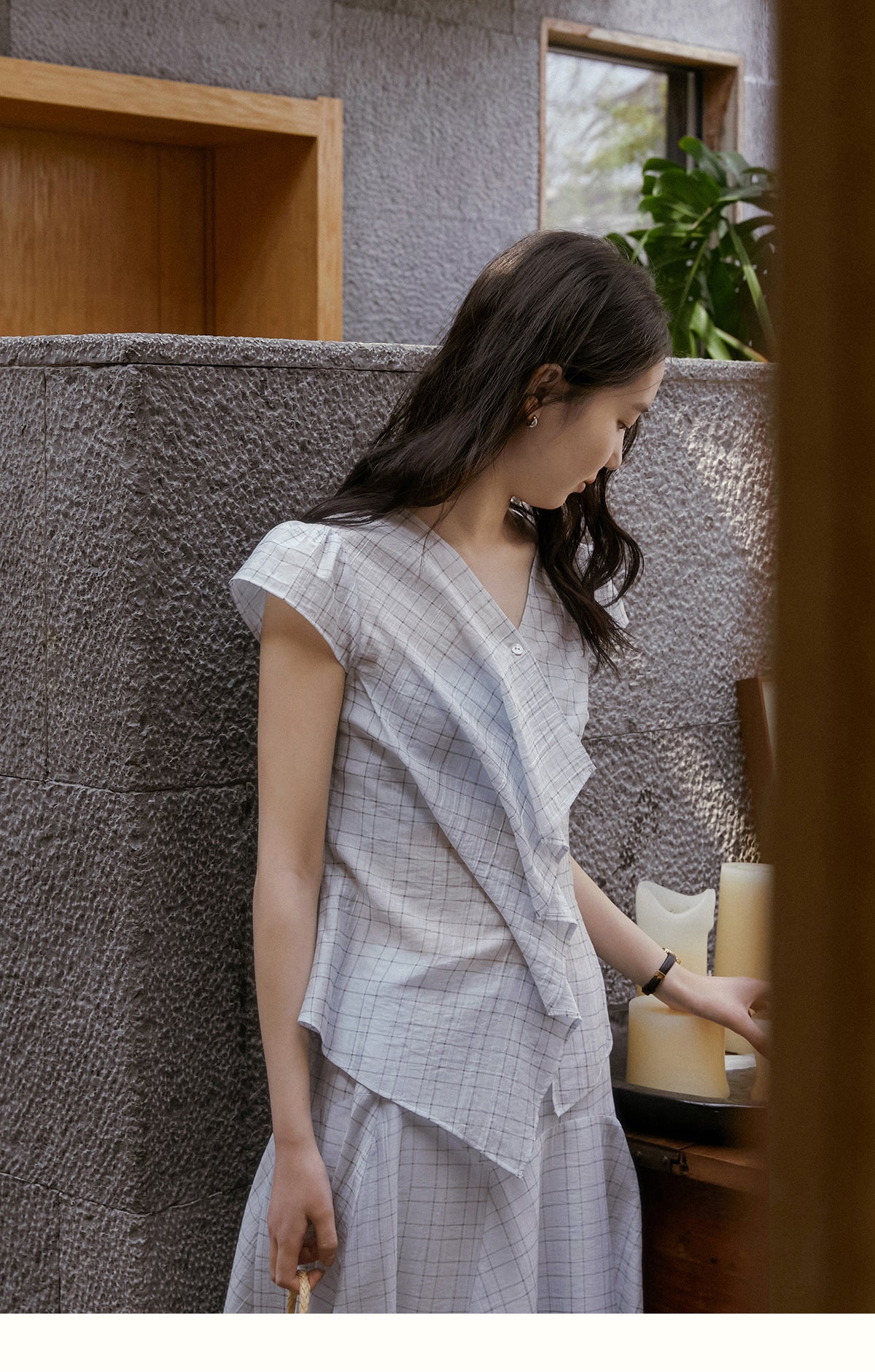 Pleated Grid Blouse And Asymmetric Skirt