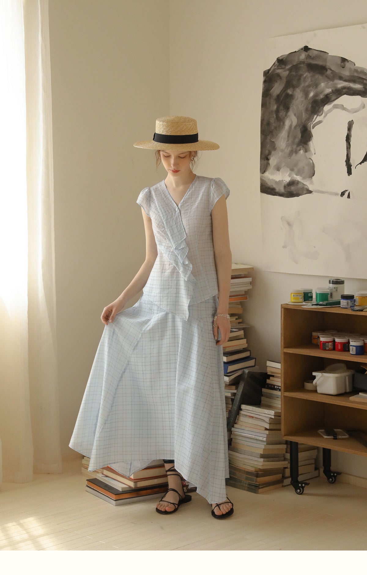 Pleated Grid Blouse And Asymmetric Skirt