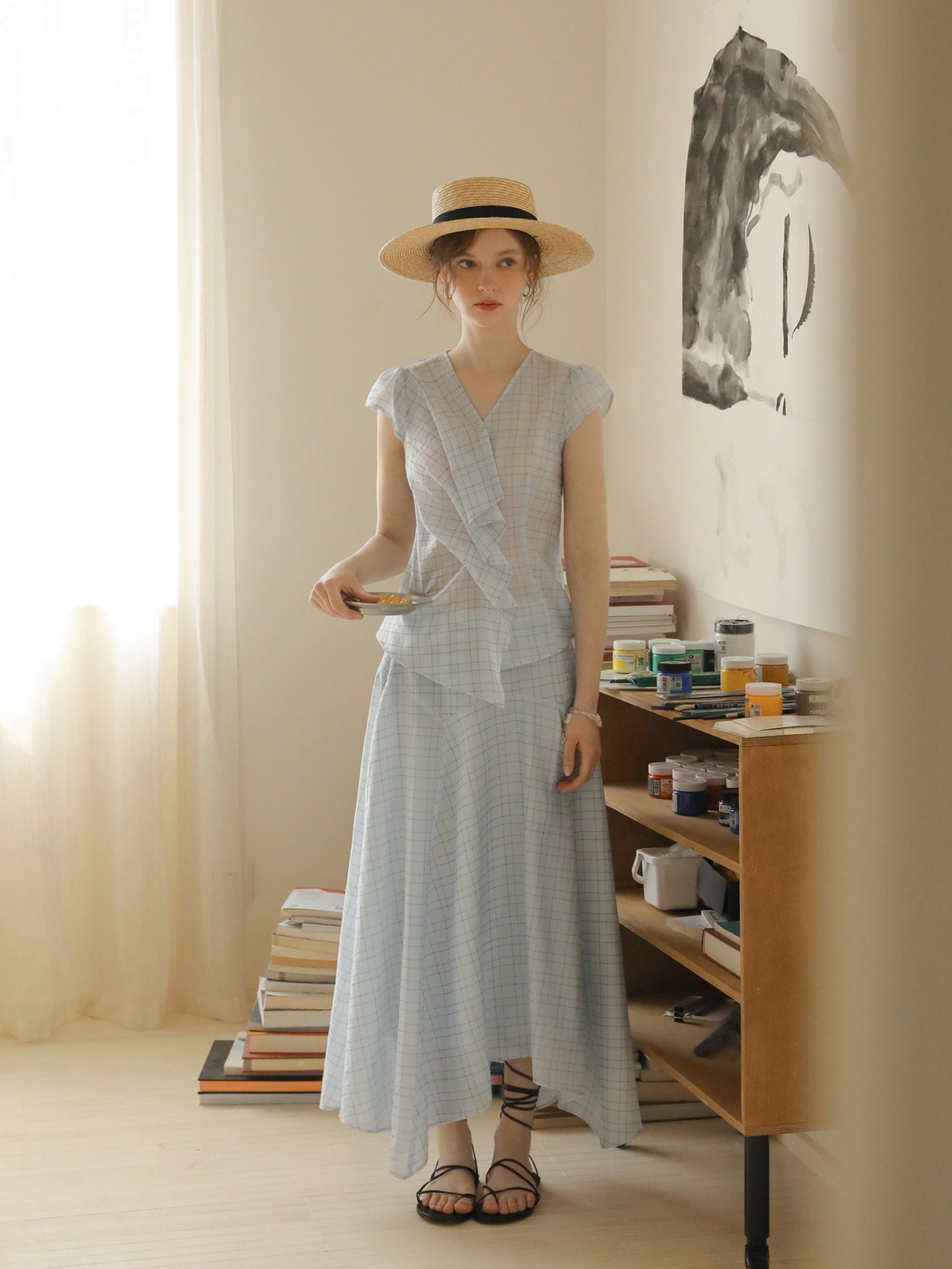 Pleated Grid Blouse And Asymmetric Skirt