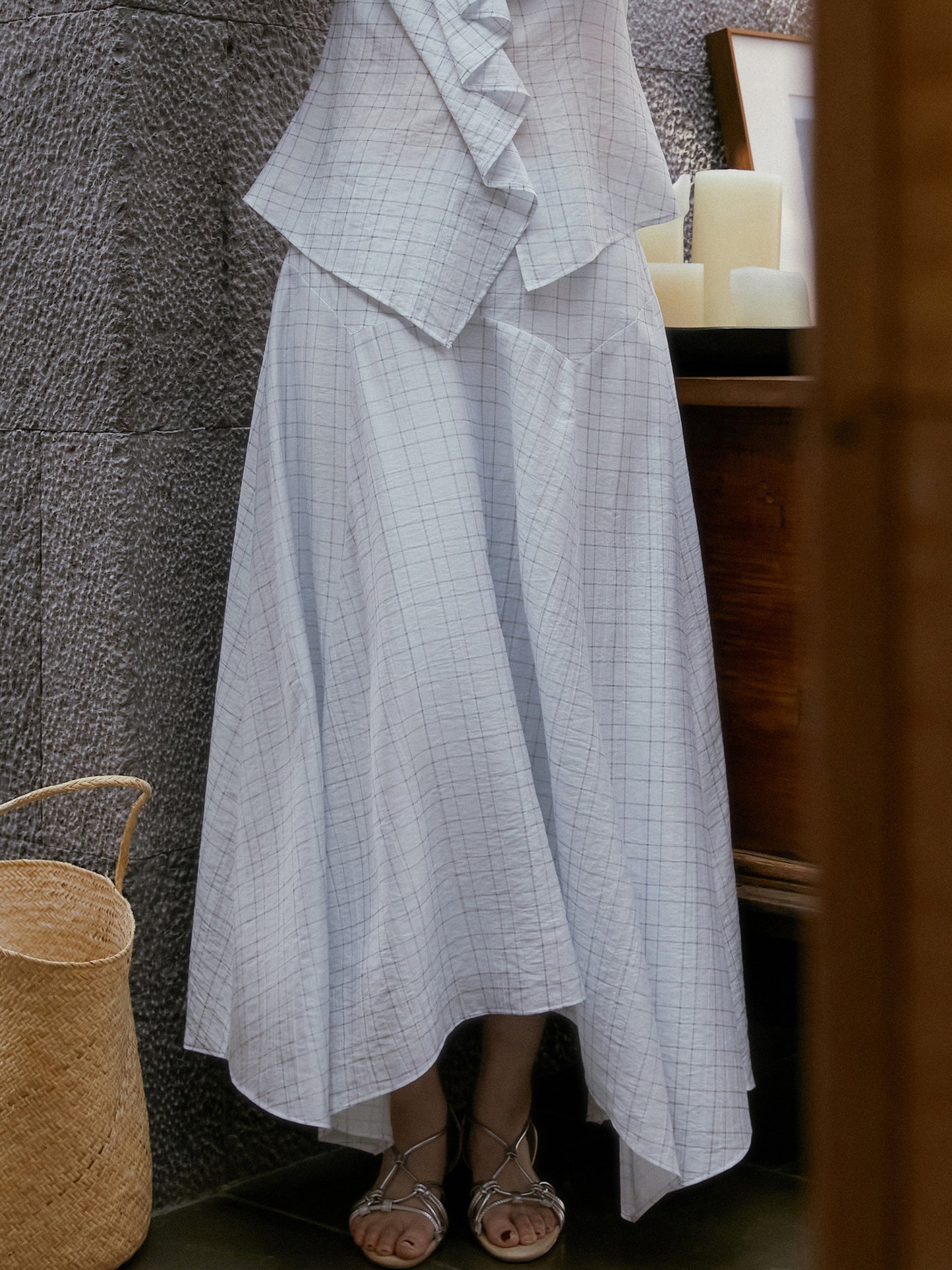 Pleated Grid Blouse And Asymmetric Skirt
