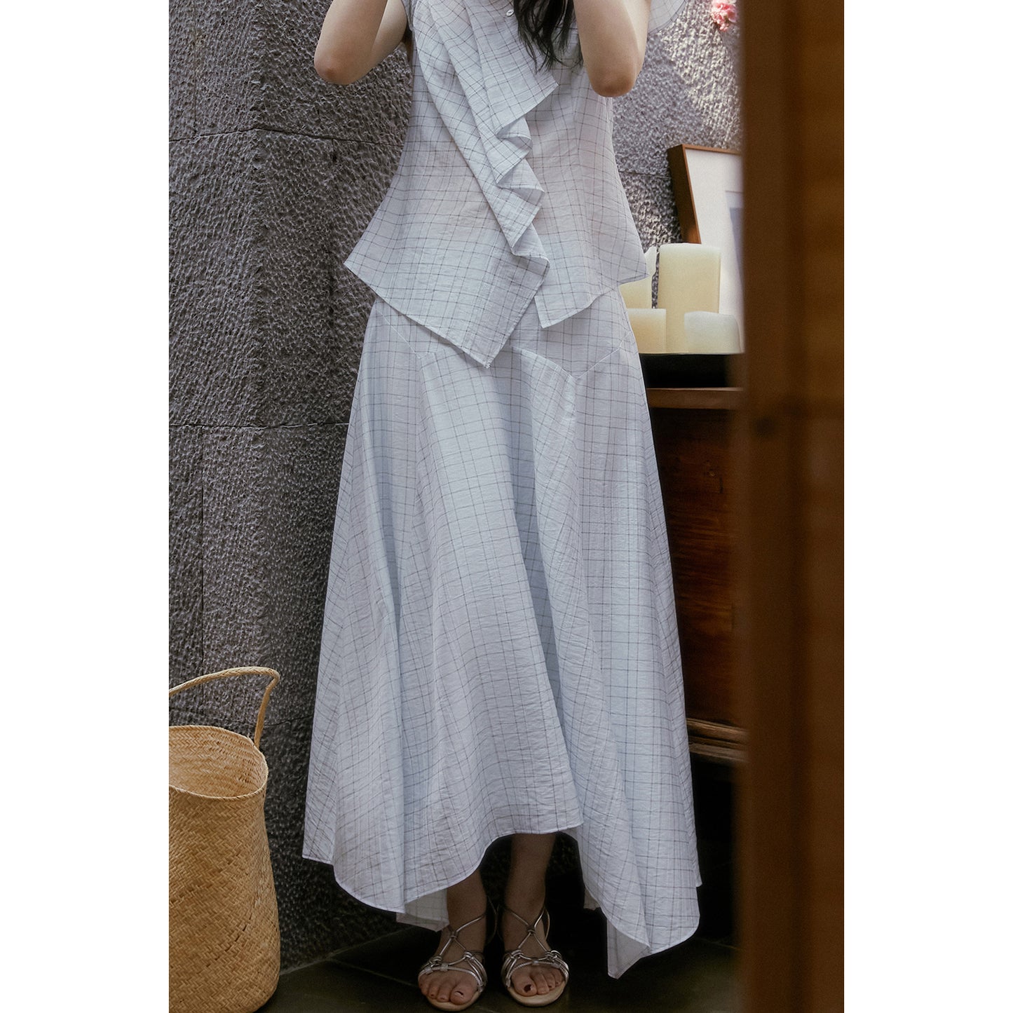 Pleated Grid Blouse And Asymmetric Skirt