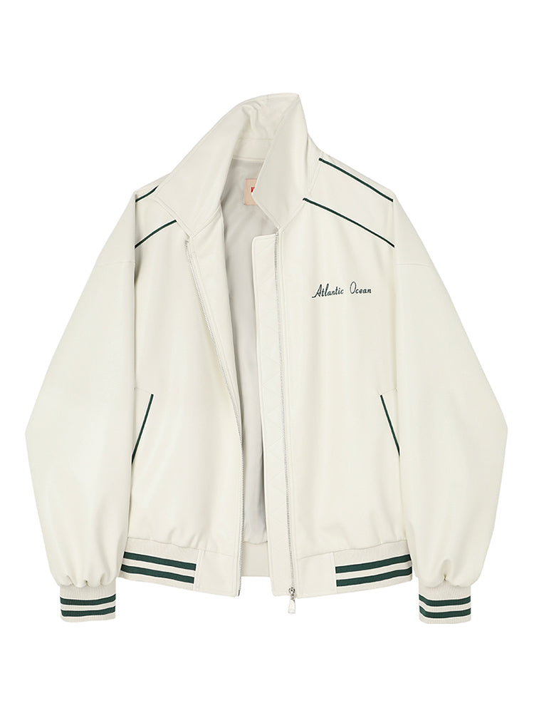 Embroidered Faux Leather Bomber Jacket