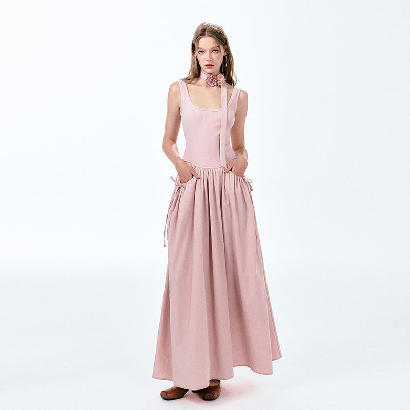 Contrast-Fabric Sleeveless U-Neck Dress