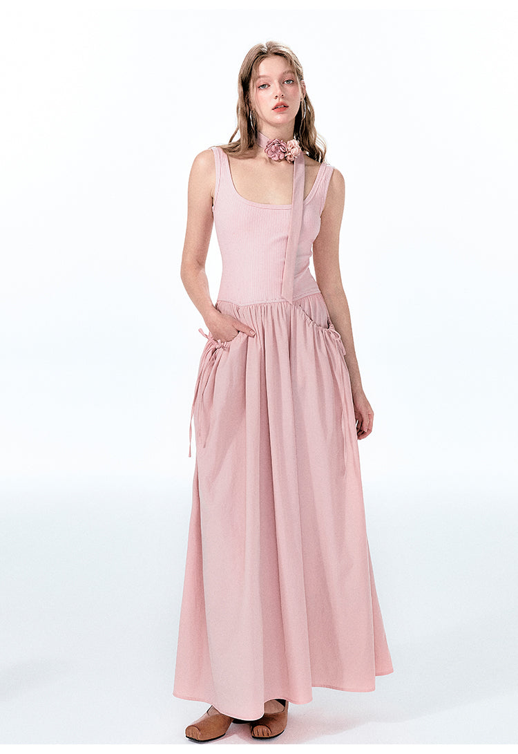 Contrast-Fabric Sleeveless U-Neck Dress