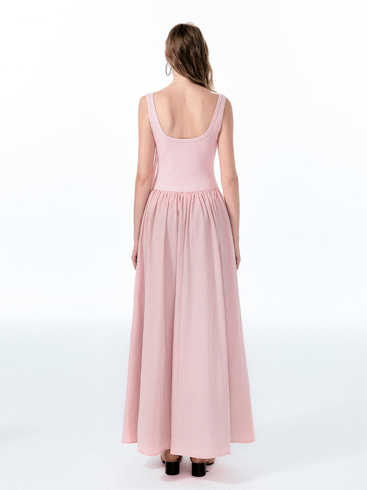 Contrast-Fabric Sleeveless U-Neck Dress