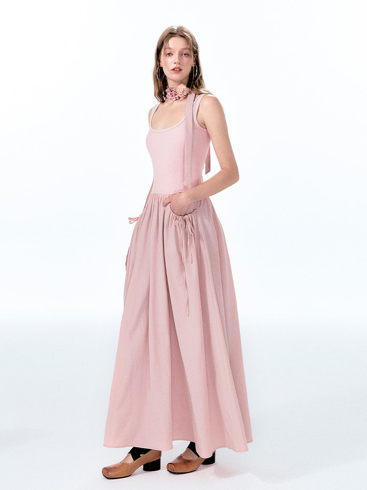 Contrast-Fabric Sleeveless U-Neck Dress