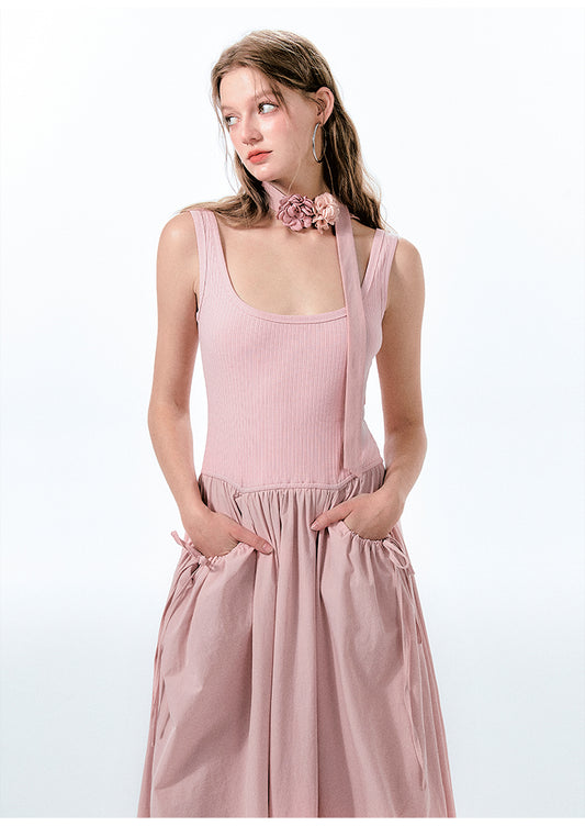 Contrast-Fabric Sleeveless U-Neck Dress