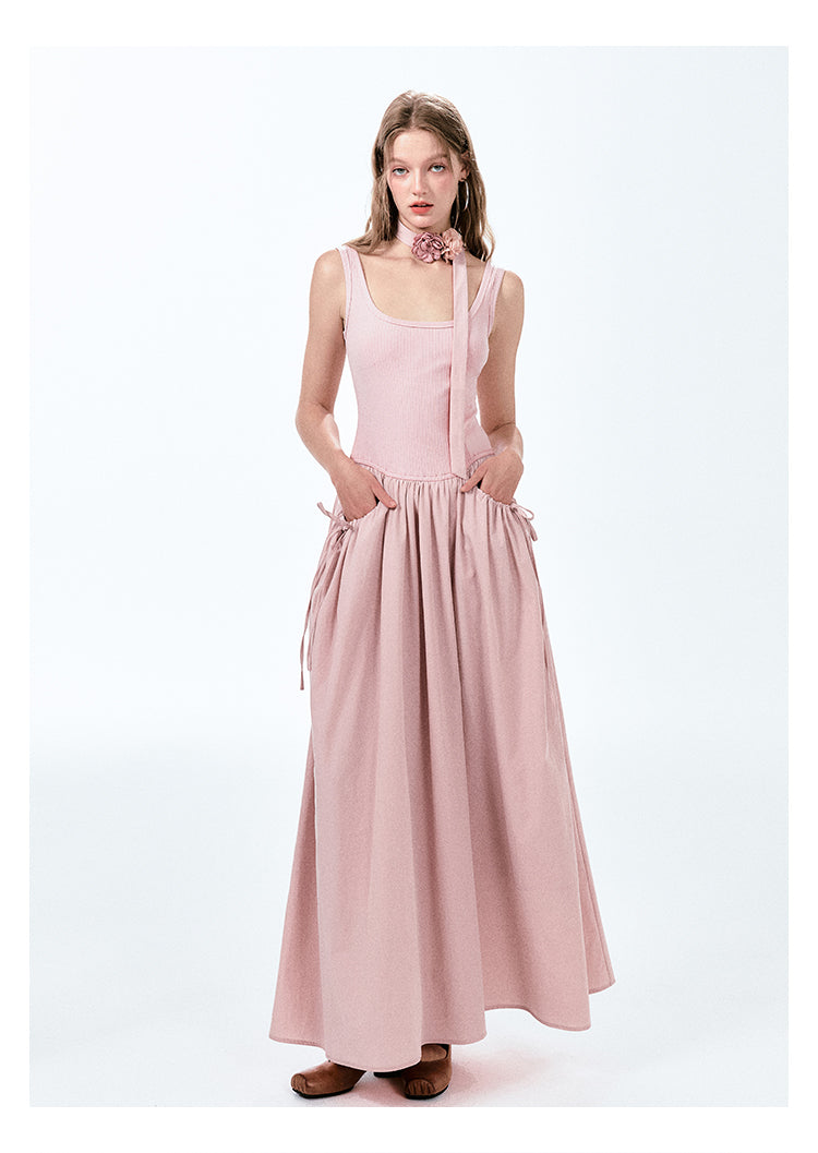 Contrast-Fabric Sleeveless U-Neck Dress