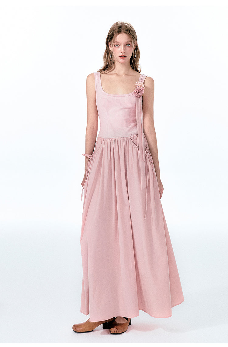 Contrast-Fabric Sleeveless U-Neck Dress