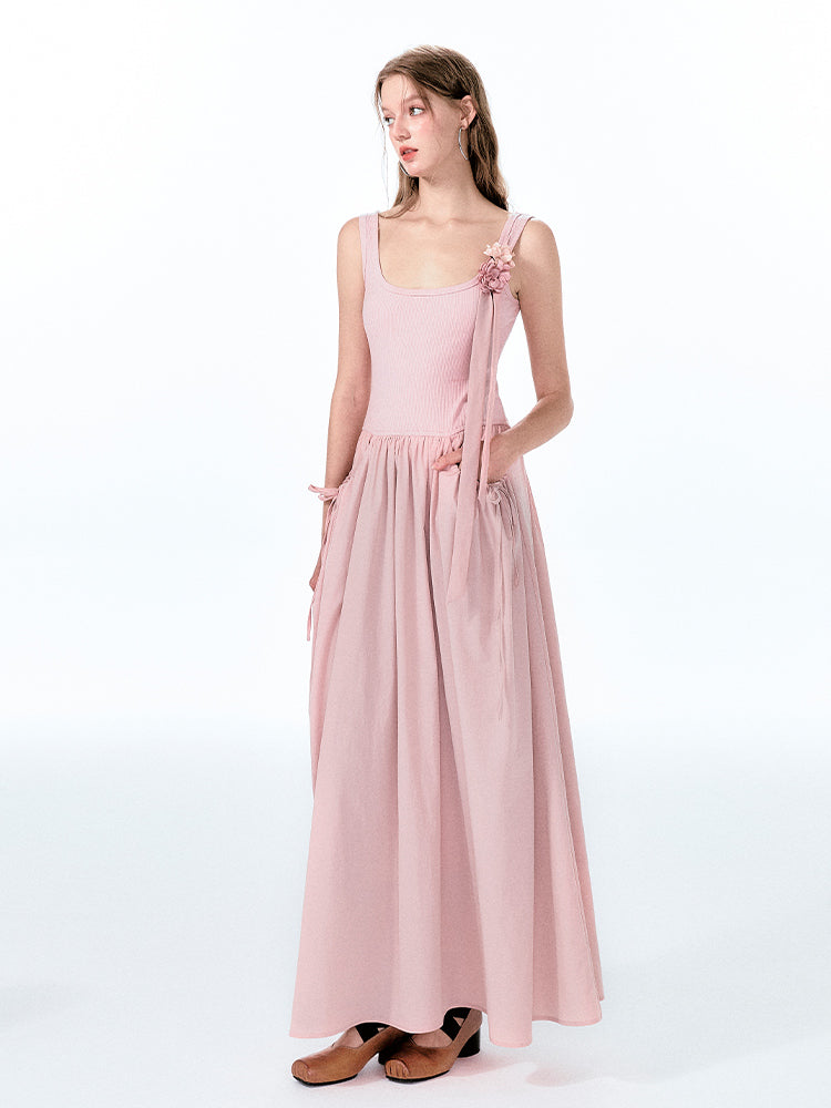 Contrast-Fabric Sleeveless U-Neck Dress