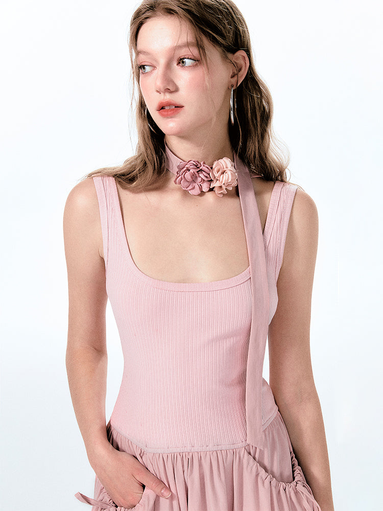 Contrast-Fabric Sleeveless U-Neck Dress