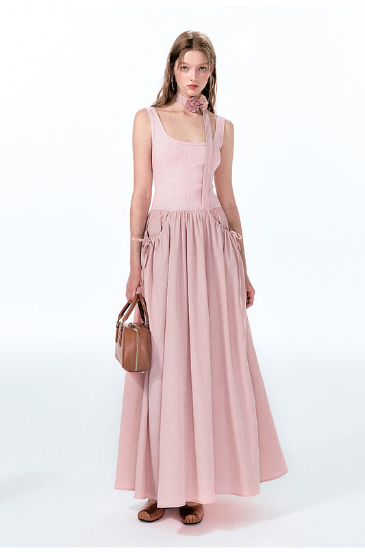 Contrast-Fabric Sleeveless U-Neck Dress