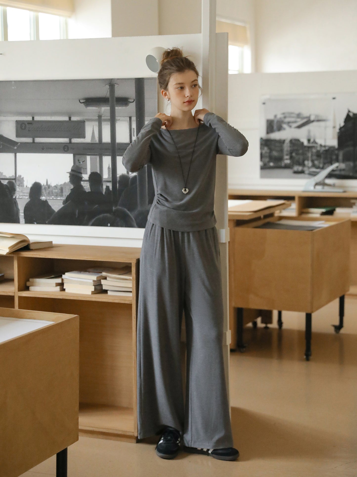 Draped Wide-Neck Top & Wide-Leg Pants