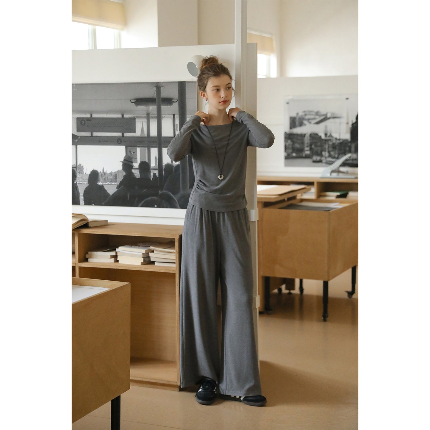 Draped Wide-Neck Top & Wide-Leg Pants