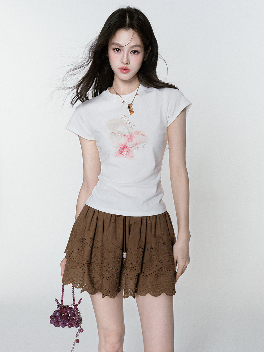 Pearl-Beaded Flower Print Crew Neck T-Shirt