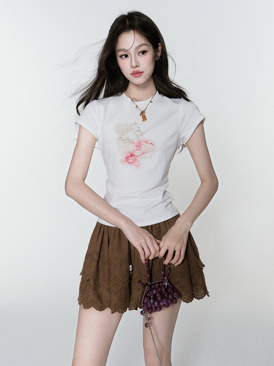 Pearl-Beaded Flower Print Crew Neck T-Shirt