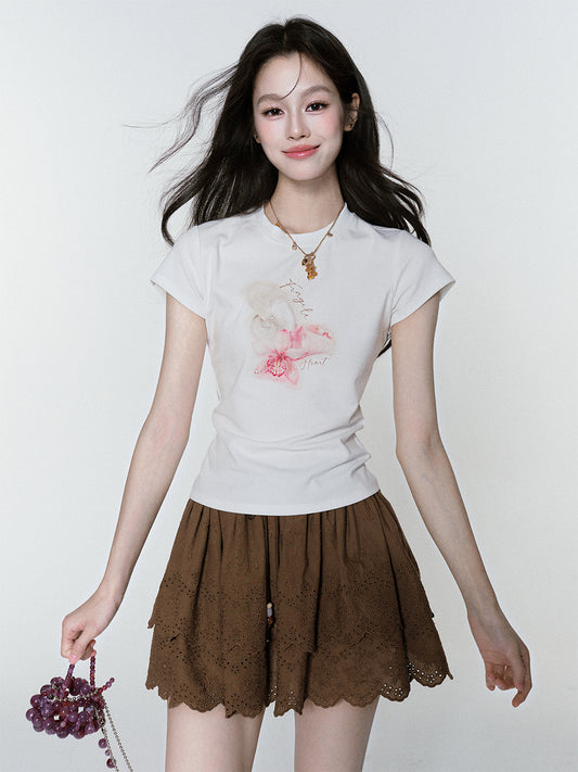 Pearl-Beaded Flower Print Crew Neck T-Shirt