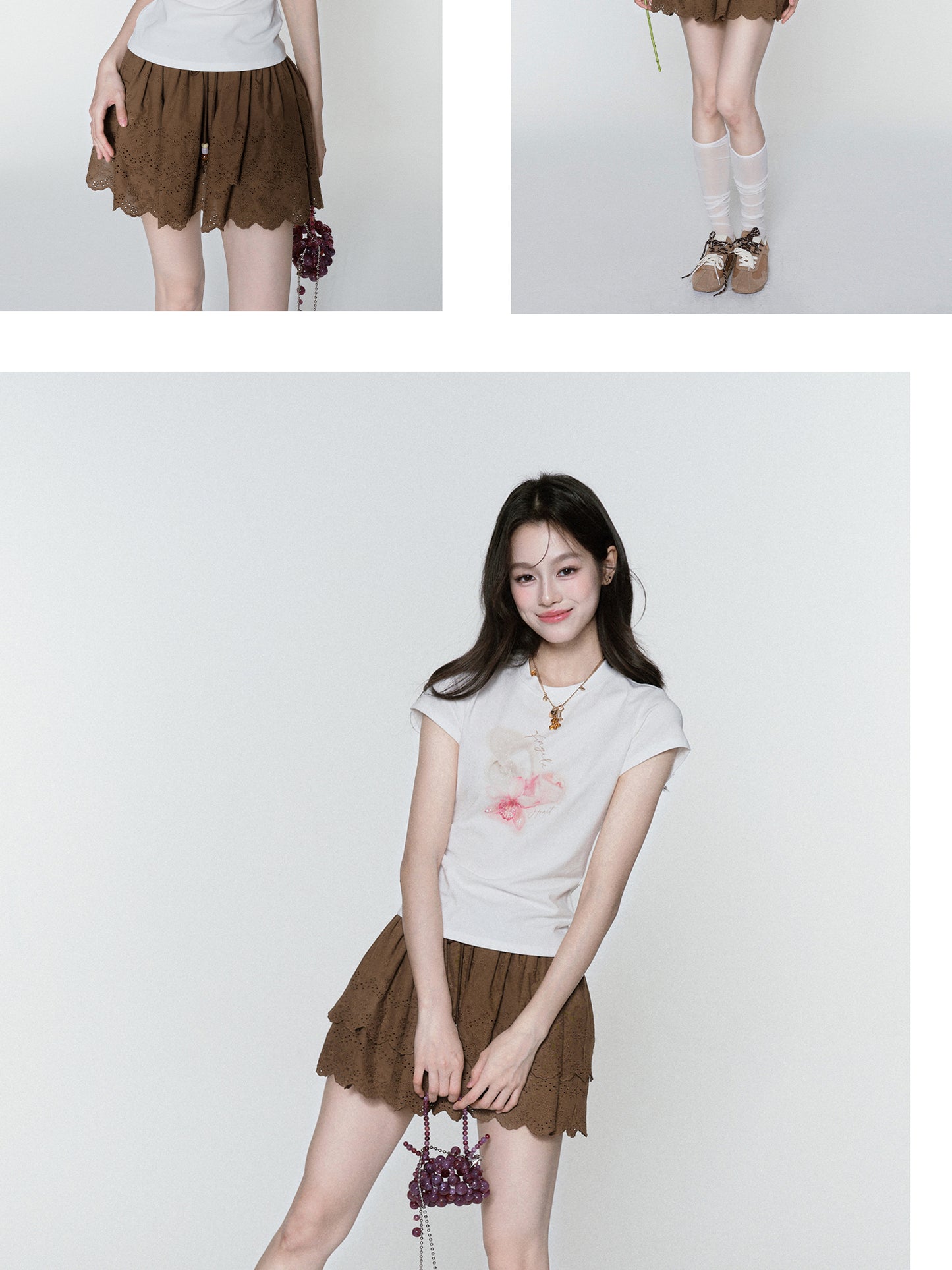 Pearl-Beaded Flower Print Crew Neck T-Shirt