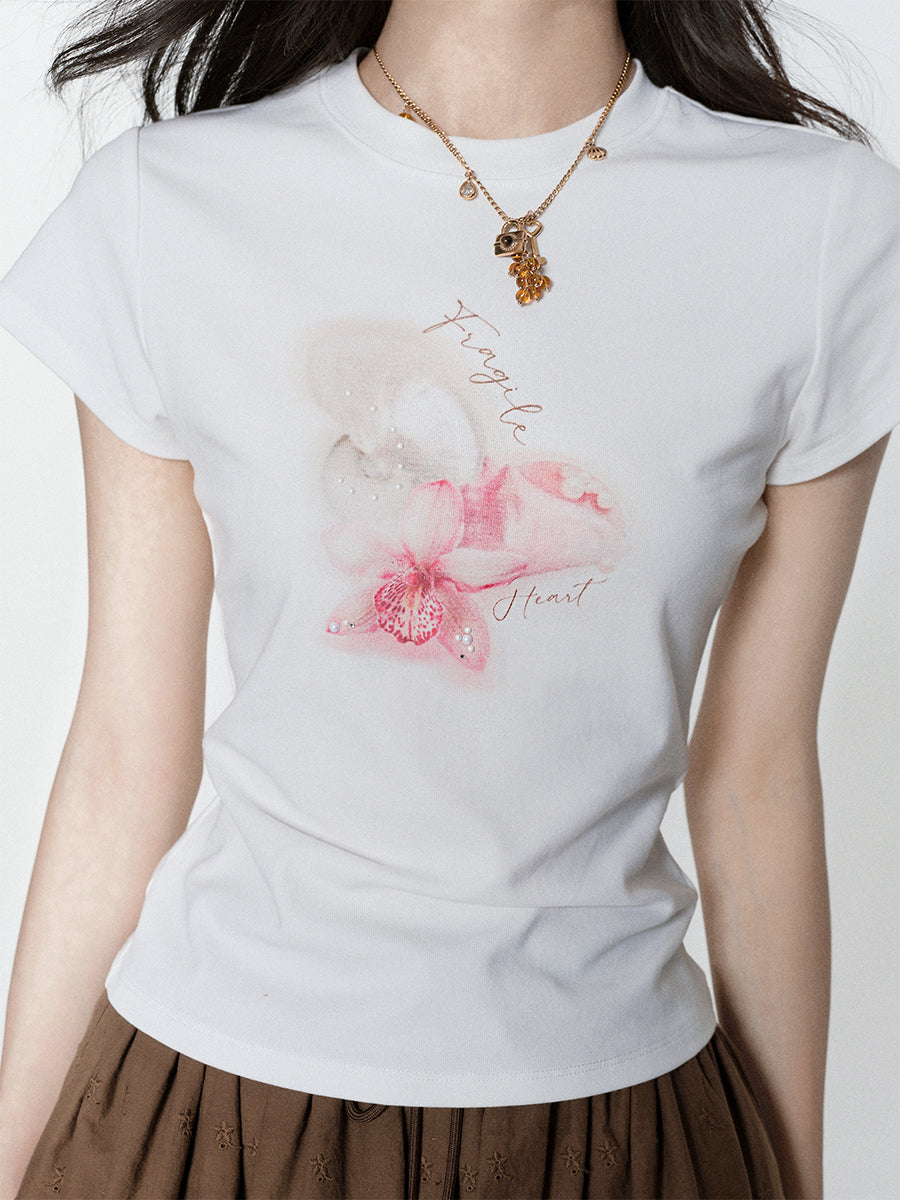 Pearl-Beaded Flower Print Crew Neck T-Shirt