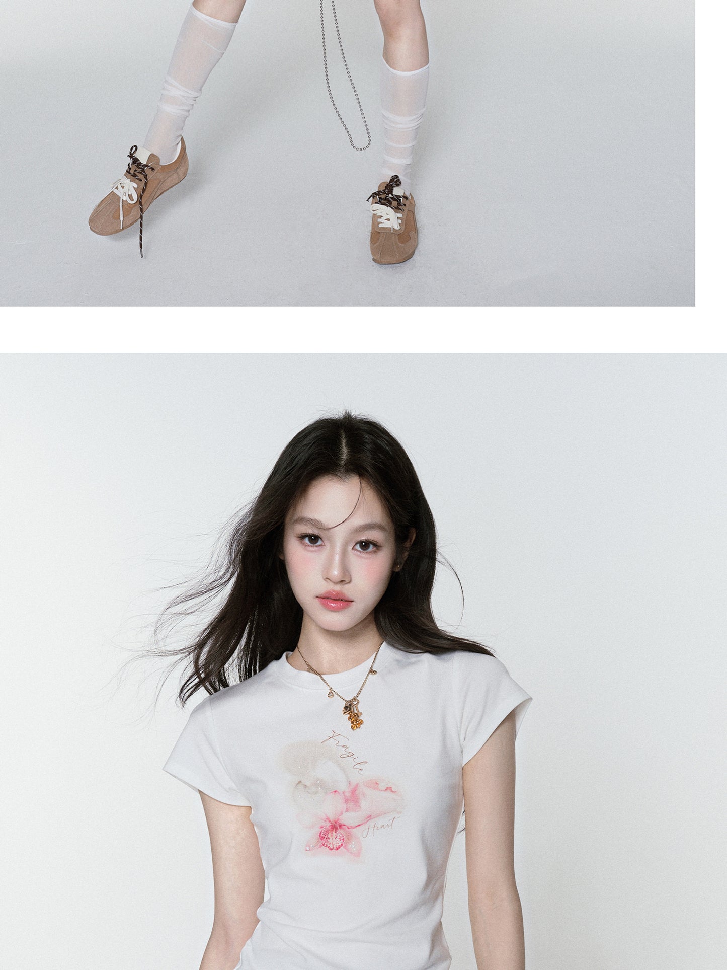 Pearl-Beaded Flower Print Crew Neck T-Shirt