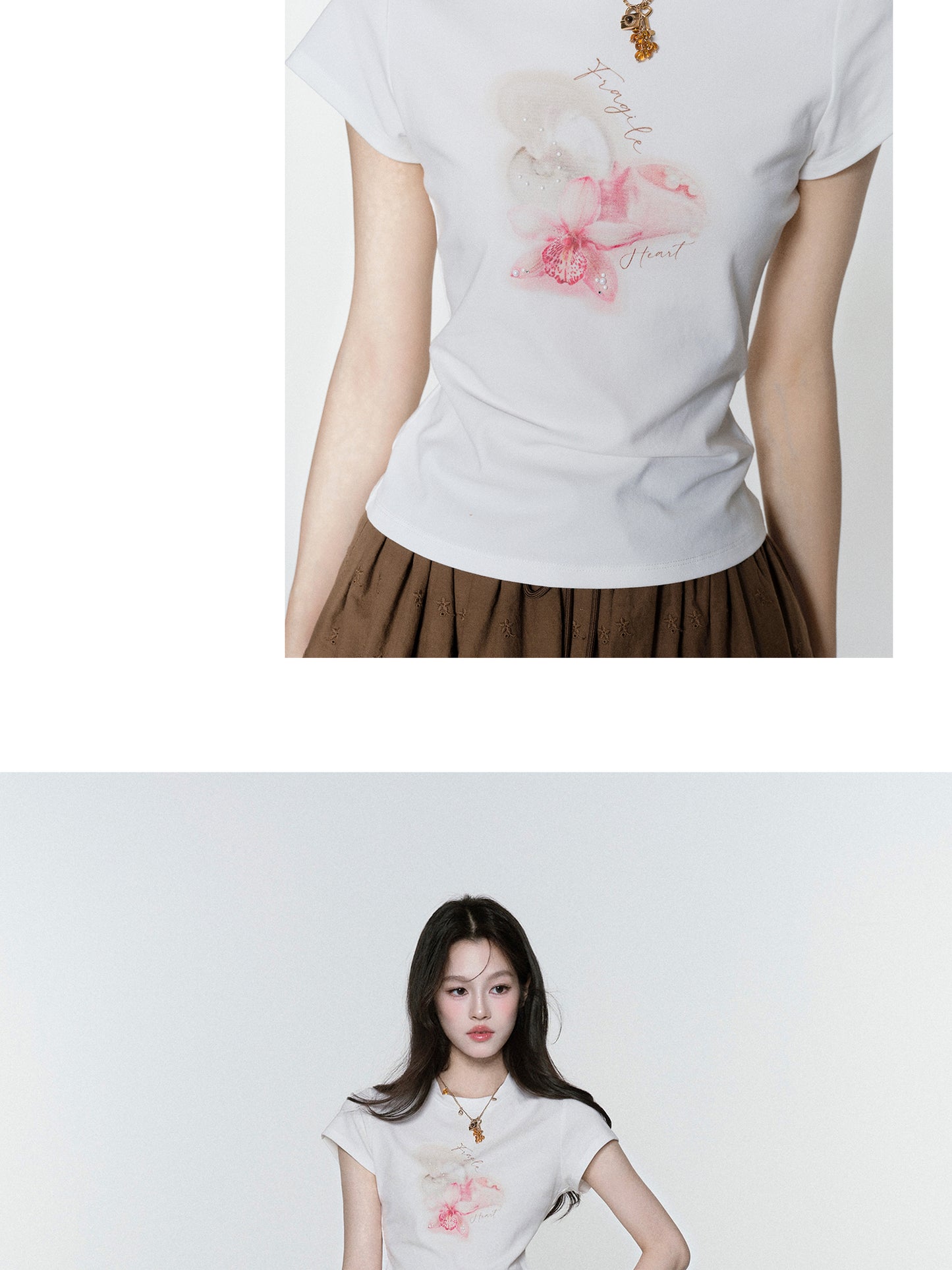 Pearl-Beaded Flower Print Crew Neck T-Shirt