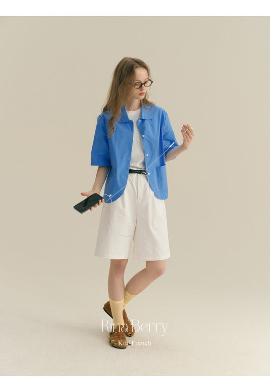 Round Collar Elbow-Sleeve Shirt With Pockets