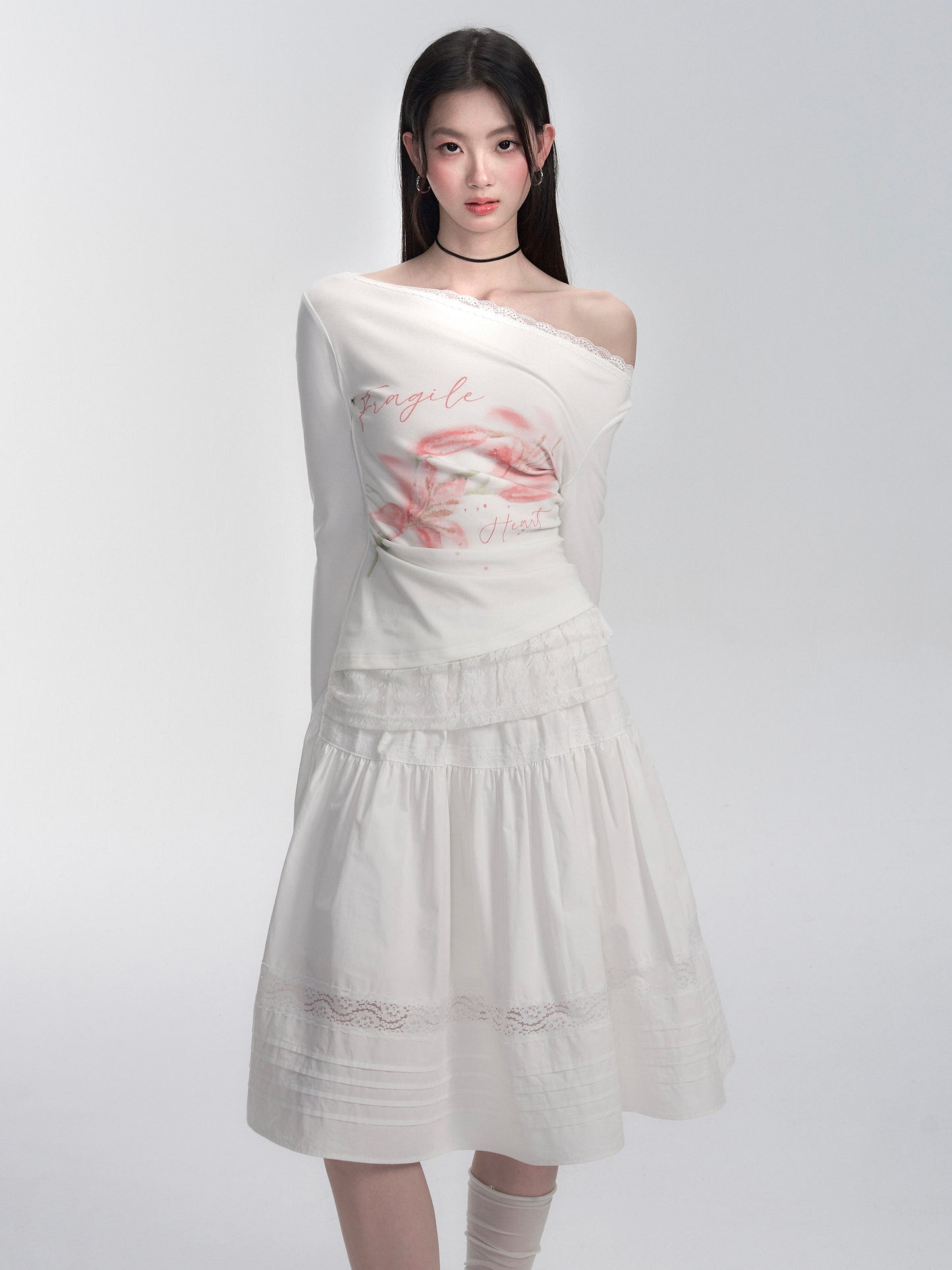 Two-Way Shoulder Watercolor Flower T-Shirt