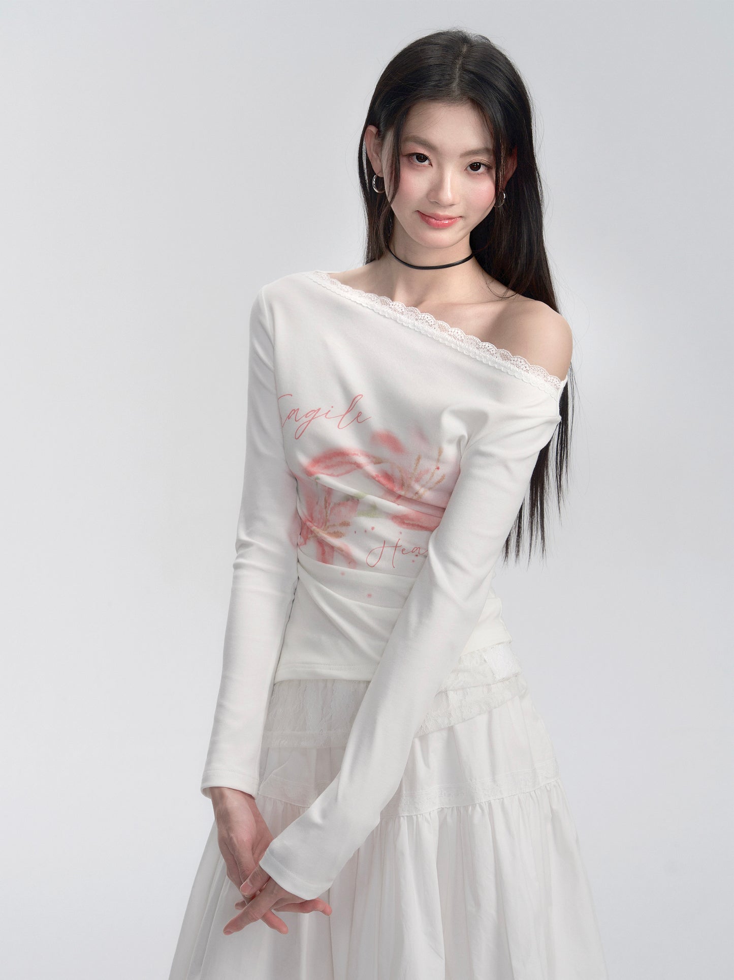 Two-Way Shoulder Watercolor Flower T-Shirt