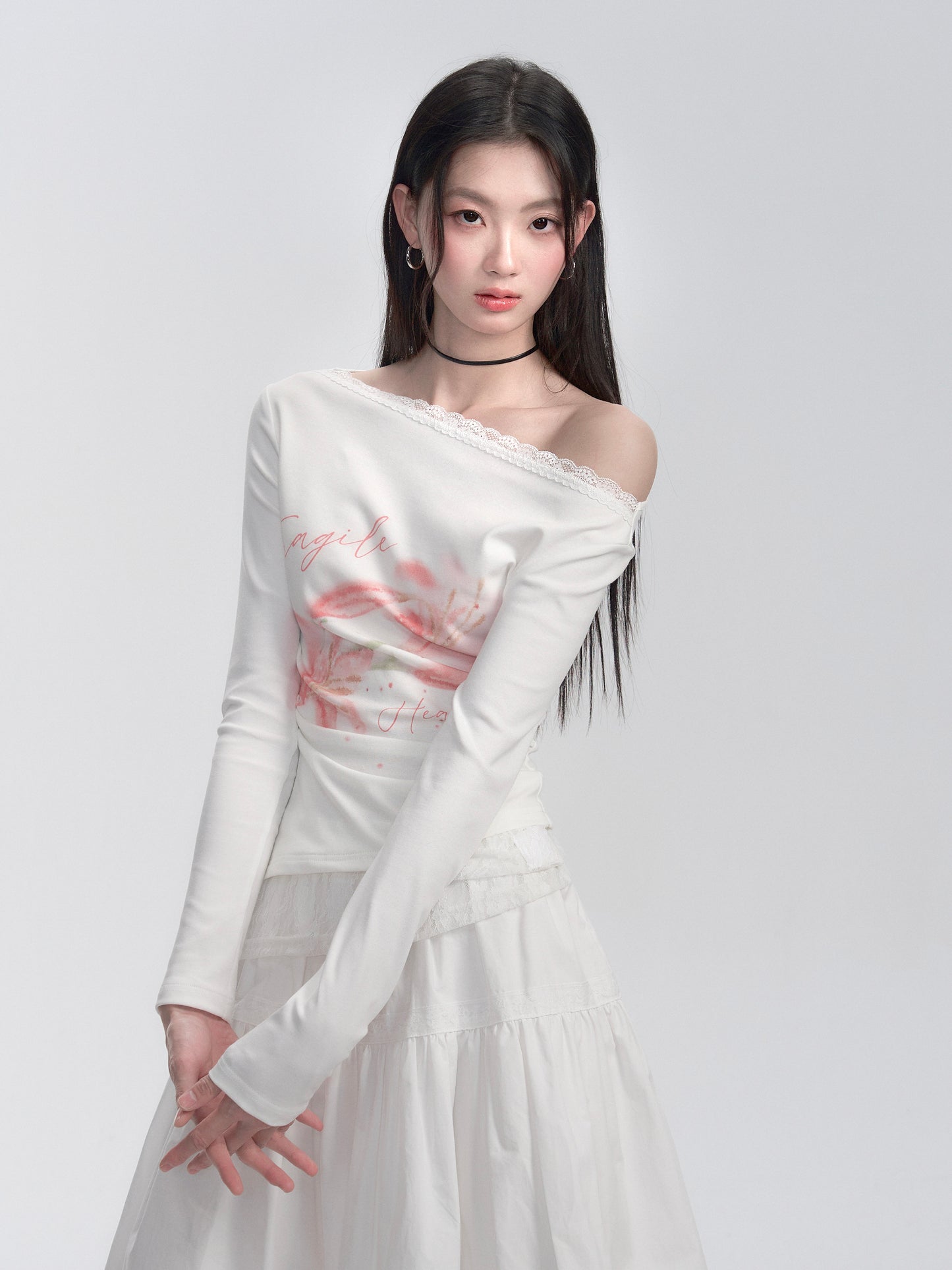 Two-Way Shoulder Watercolor Flower T-Shirt