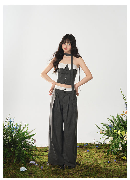Cropped Tube Top & Pleated Wide-Leg Trousers Set