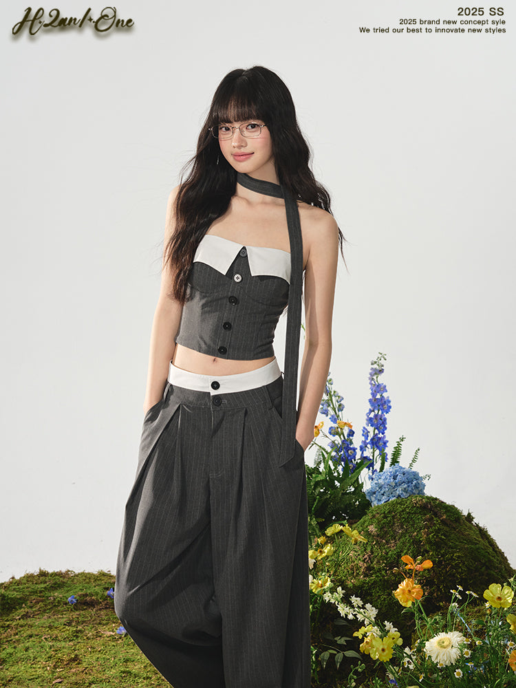 Cropped Tube Top & Pleated Wide-Leg Trousers Set